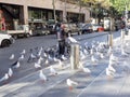 A homeless man feeding birds in public.